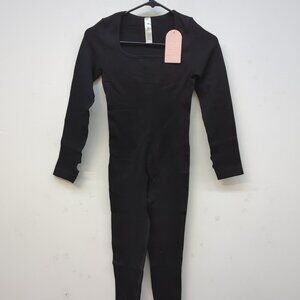 Soo Slick Ribbed Square Neck Long Sleeve Women’s Jumpsuit One Piece Medium Black